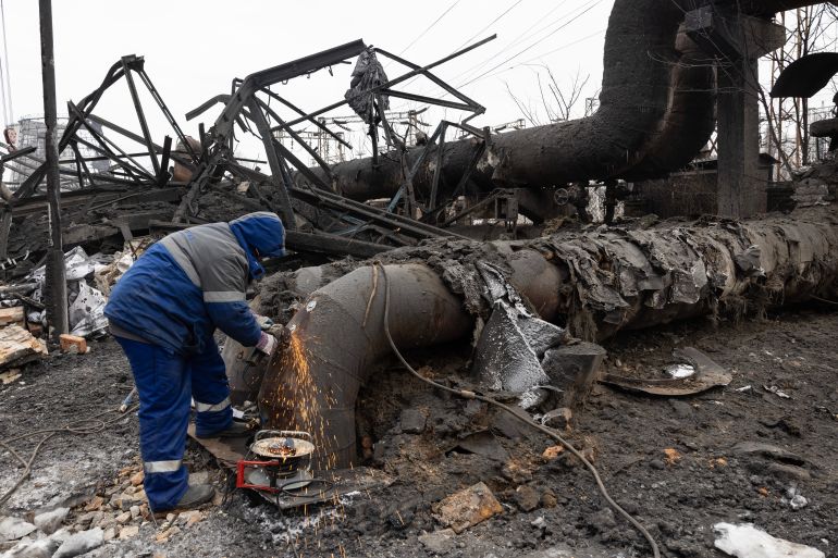 getty_6a0ca88956-1779214473 KYIV, UKRAINE - FEBRUARY 4: Workers try and repair the infrastructure on the CHP-4 Darnytska power plant that was hit by a Russian attack multiple times on February 4, 2026 in Kyiv, Ukraine. Russia attacked the energy facility as winter temperatures dropped to -20c ( -4F). Ukraine is suffering one of its coldest winters in years, as residents struggle with a lack of heat and electricity. (Photo by Paula Bronstein/Getty Images)