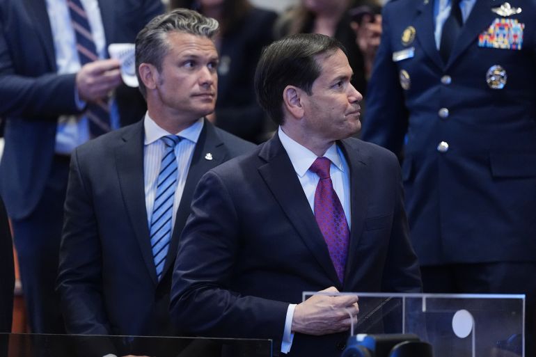 JERUSALEM - OCTOBER 13: U.S. Defense Secretary Pete Hegseth and U.S. Secretary of State Marco Rubio arrive before President Donald Trump speaks to the Knesset, Israel's parliament, on October 13, 2025 in Jerusalem. President Trump is visiting the country hours after Hamas released the remaining Israeli hostages captured on Oct. 7, 2023, part of a US-brokered ceasefire deal to end the war in Gaza. (Photo by Evan Vucci - Pool/Getty Images)