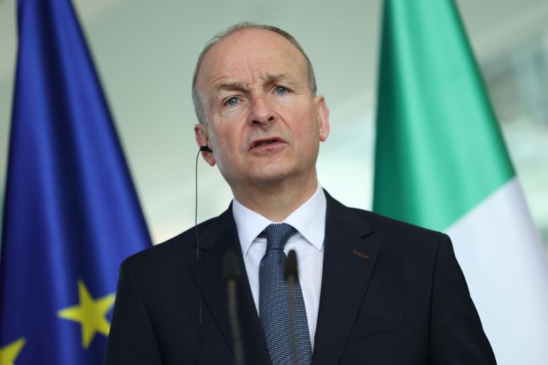 BERLIN, GERMANY - APRIL 16: Irish Taoiseach Micheal Martin and German Chancellor Friedrich Merz (not pictured) speak to the media following talks at the Chancellery on April 16, 2026 in Berlin, Germany. The two leaders discussed both European and bilateral issues. (Photo by Sean Gallup/Getty Images)
