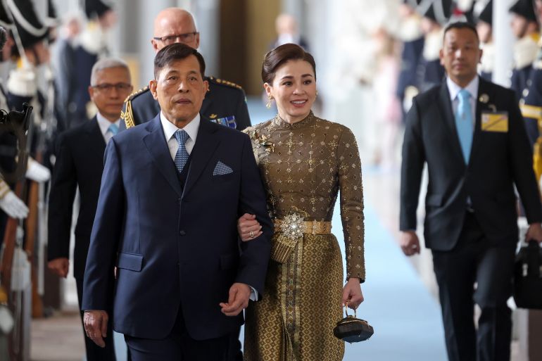 STOCKHOLM, SWEDEN - APRIL 30: King Rama X of Thailand and Queen Suthida of Thailand arrive at the Royal Palace Church to attend the Te Deum mass on the occasion of the 80th Birthday celebrations of King Carl XVI Gustaf of Sweden on April 30, 2026 in Stockholm, Sweden. (Photo by Michael Campanella/Getty Images)