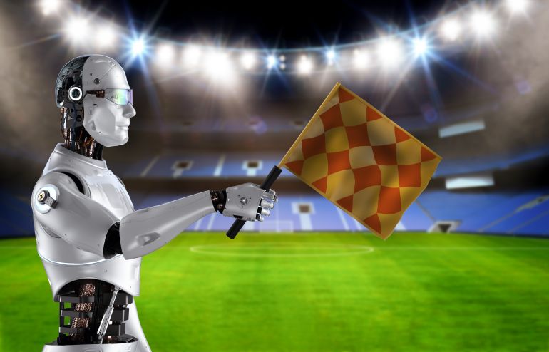 3d rendering robotic assistant for soccer or football referee holding flag