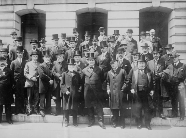 gettyimages-2159103689-1778135706 Andrew Carnegie, William Jennings Bryan and others, 1913. Shows people who were at a meeting of the Carnegie Endowment for International Peace in May of 1913. Included are Andrew Carnegie (front row, left) standing next to William Jennings Bryan. Also pictured in foreground are Philip Stanhope, 1st Baron Weardale and Sir Houstoun Reid. Creator: Bain News Service. (Photo by Heritage Art/Heritage Images via Getty Images)