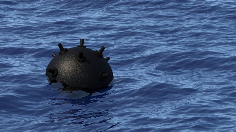 gettyimages-2265990617-1779385463 Naval Contact Mine Floating in the Sea - 3D rendering
