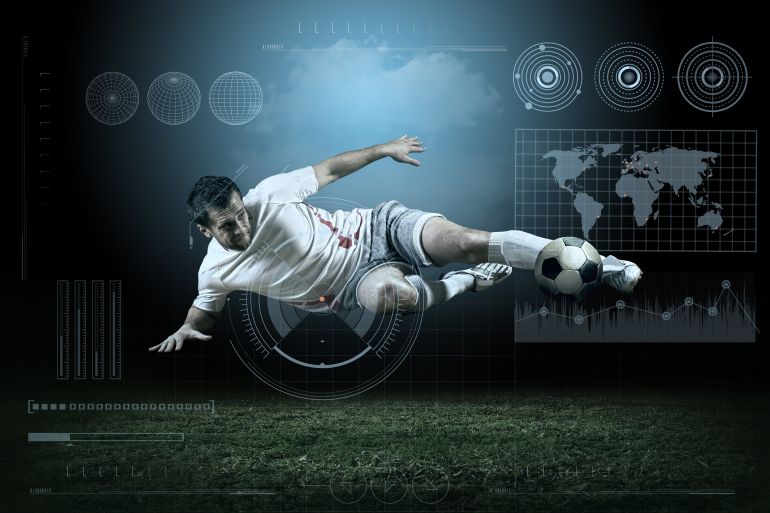 Soccer player with ball in action outdoors