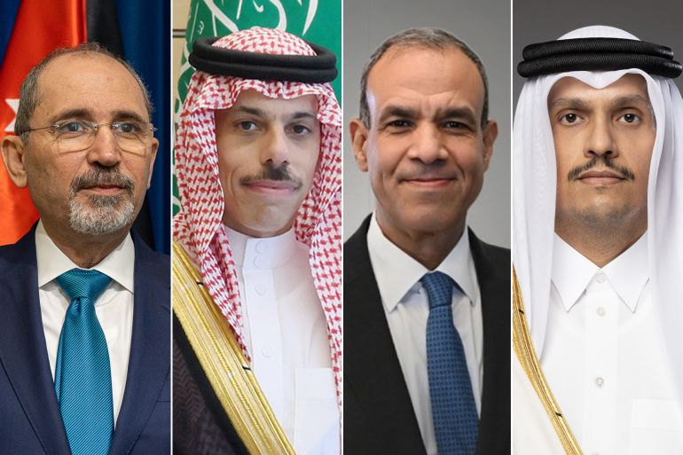 كومبو - وزير الخارجية الشيخ محمد بن عبد الرحمن بن جاسم آل ثاني - وزير الخارجية المصري بدر عبد العاطي - يصل بن فرحان بن عبدالله آل سعود، وزير الخارجية بالمملكة العربية السعودية - الدكتور أيمن الصفدي