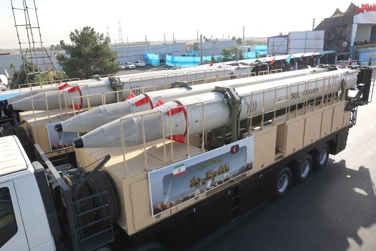 iraan-3-1778625067 The Jihad missile system is seen during the annual military parade in Tehran, Iran, September 21, 2024. Majid Asgaripour/WANA (West Asia News Agency) via REUTERS ATTENTION EDITORS - THIS IMAGE HAS BEEN SUPPLIED BY A THIRD PARTY.