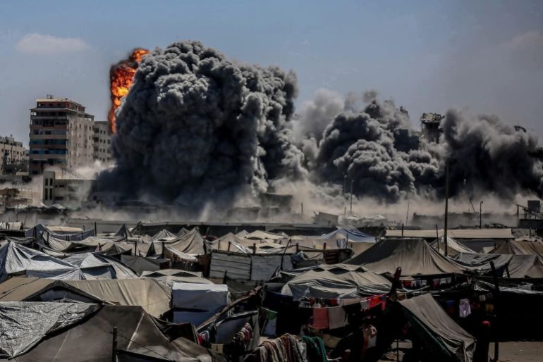 lthf2-1777370169 GAZA CITY, GAZA - SEPTEMBER 10: Smoke rises from the Harmony Tower, right after being bombed by Israeli forces in western Gaza City, Gaza on September 10, 2025. (Photo by Saeed M. M. T. Jaras/Anadolu via Getty Images)
