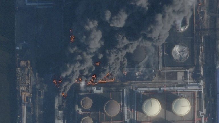 A satellite image shows smoke rising from Russia's Baltic port of Ust-Luga after a Ukrainian strike on Wednesday, in Ust-Luga, Leningrad Oblast, Russia, in this handout picture obtainded by Reuters on March 27, 2026. 2026 Planet Labs PBC/Handout via REUTERS THIS IMAGE HAS BEEN SUPPLIED BY A THIRD PARTY. MANDATORY CREDIT.
