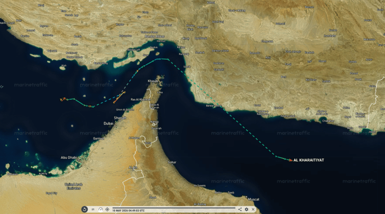 map-9-1778389852 بيانات ملاحية لناقلة الغاز القطرية الخريطيات وهي تعبر مضيق هرمز (مارين ترافيك)