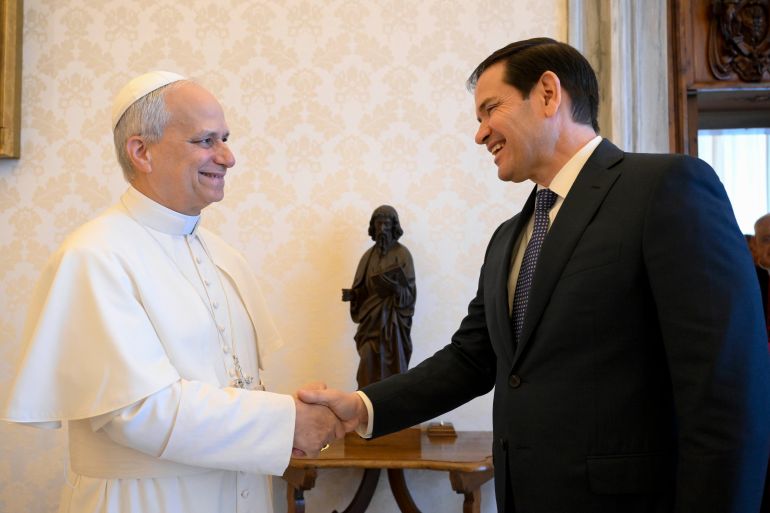 VATICAN CITY, VATICAN - MAY 19: (EDITOR NOTE: STRICTLY EDITORIAL USE ONLY - NO MERCHANDISING). Pope Leo XIV meets with US Vice President JD Vance, on May 19, 2025 in Vatican City, Vatican. (Photo by Vatican Media/Vatican Pool - Corbis/Getty Images)