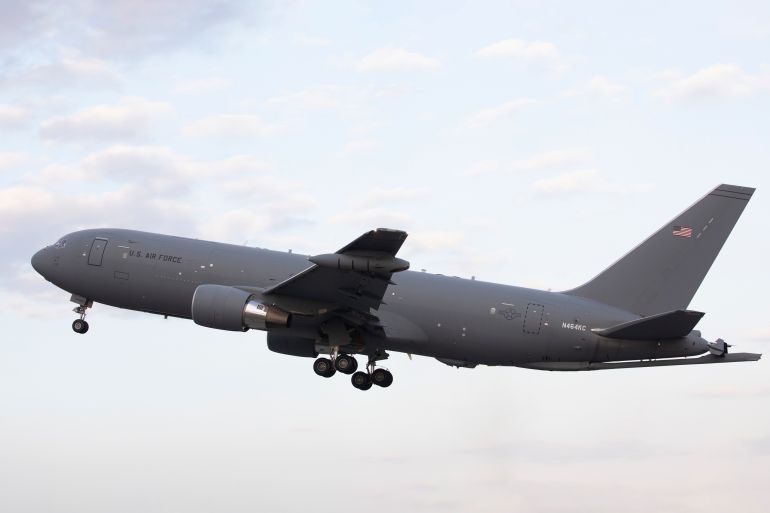 A Boeing KC-46A Pegasus takes off at Yokota Air Base, Japan, Oct. 25, 2018, during a system evaluation. This is the first time the KC-46A visited Japan. The flight is to support an initial evaluation by the USAF of the KC-46A's integrated mission system suite as well as its ability to conduct worldwide navigation, communication and operation. (U.S. Air Force photo by Yasuo Osakabe)