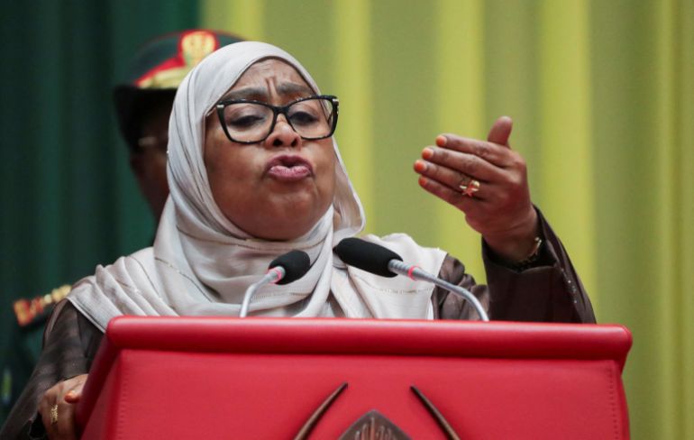 Tanzania's President Samia Suluhu Hassan addresses local elders during a meeting as part of efforts to foster peace and national unity following the October 29 general election, in Dar es Salaam, Tanzania December 2, 2025. REUTERS/Emmanuel Herman