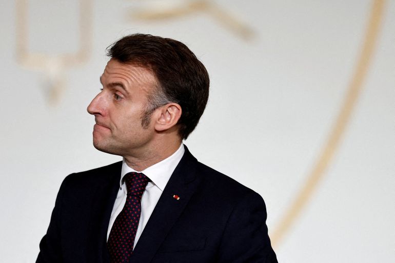 FILE PHOTO: French President Emmanuel Macron reacts as he delivers a speech during a meeting with students from the "Prepas Talents du service public" as part of a program that aims to give every young person an opportunity to join the civil service, at the Elysee Palace in Paris, France, February 6, 2026. REUTERS/Benoit Tessier/Pool/File Photo