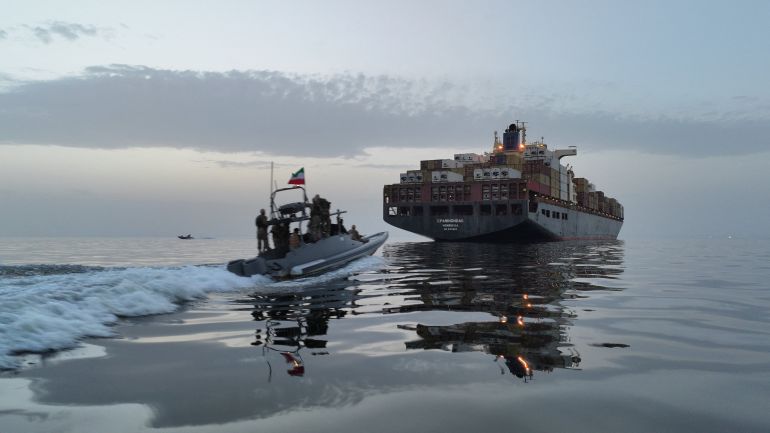The Epaminondas ship is seen during seizure by the Islamic Revolutionary Guard Corps (IRGC) in the Strait of Hormuz, Iran, in this image obtained by Reuters on April 24, 2026. Meysam Mirzadeh/Tasnim/WANA (West Asia News Agency) via REUTERS ATTENTION EDITORS - THIS PICTURE WAS PROVIDED BY A THIRD PARTY