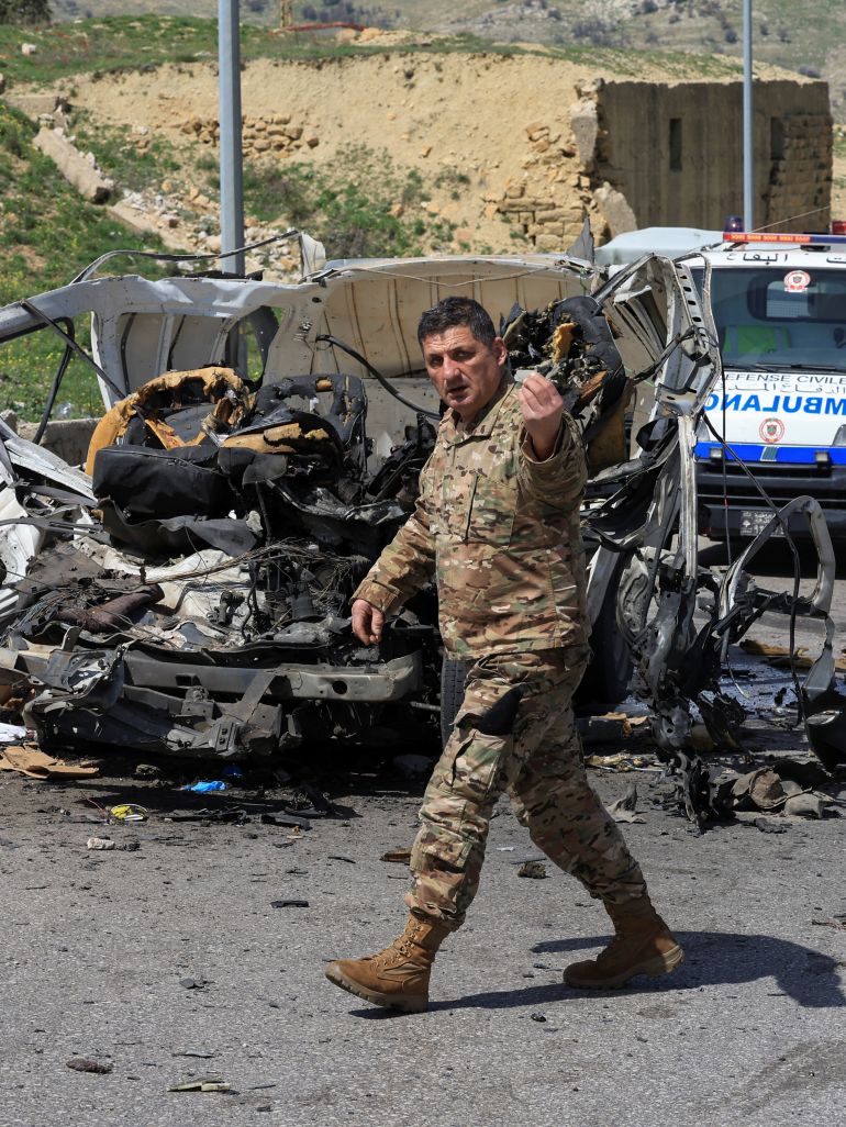 A member of the Lebanese army at the site of an Israeli strike on a vehicle in Dahr el Baydar, Lebanon April 16, 2026. REUTERS/Mohamed Azakir