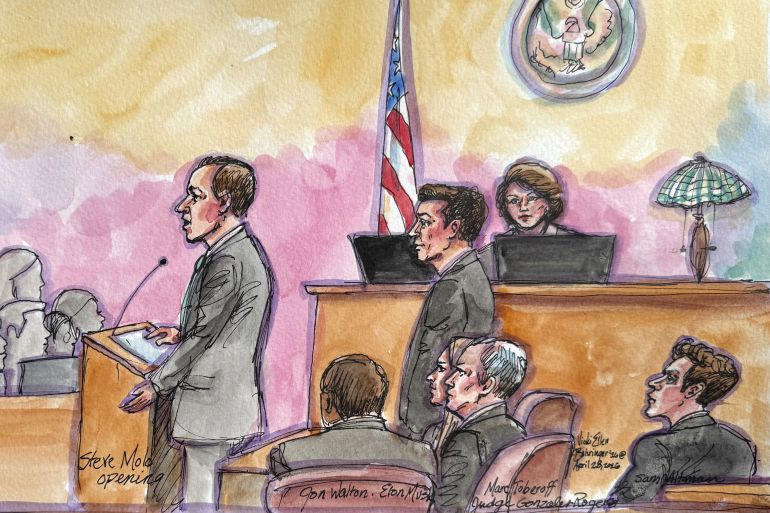 Steven Molo makes an opening statement near his client Elon Musk as OpenAI CEO Sam Altman watches, during Musk's lawsuit trial over OpenAI's for-profit conversion at a federal courthouse in Oakland, California, U.S., April 28, 2026 in a courtroom sketch. REUTERS/Vicki Behringer NO RESALES. NO ARCHIVES