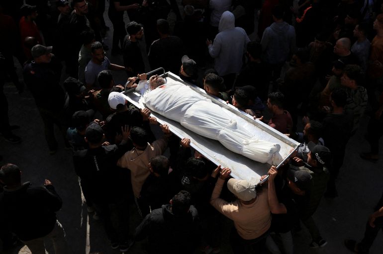 Mourners attend the funeral of Palestinians who were killed today in an Israeli strike, according to medics, at Al-Shifa Hospital in Gaza City, April 28, 2026. REUTERS/Dawoud Abu Alkas SENSITIVE MATERIAL. THIS IMAGE MAY OFFEND OR DISTURB TPX IMAGES OF THE DAY