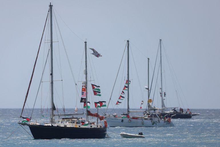 Vessels of the Global Sumud Flotilla, which was intercepted on international waters by the Israeli Navy, sail off the city of Ierapetra, on the island of Crete, Greece, May 1, 2026. REUTERS/Stefanos Rapanis TPX IMAGES OF THE DAY