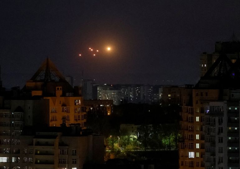 An explosion over the city as Ukrainian servicemen hit a Russian drone during a Russian drone strike, amid Russia's attack on Ukraine, in Kyiv, Ukraine May 2, 2026. REUTERS/Gleb Garanich