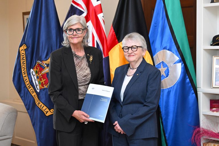 reuters_69f82e1c-1777872412 Australian Governor-General Sam Mostyn holds the Interim Report to the Royal Commission on Antisemitism and Social Cohesion that was delivered to her by Commissioner Virginia Bell at the Government House, in Canberra, Australia, April 30, 2026. AAP/Lukas Coch/via REUTERS ATTENTION EDITORS - THIS IMAGE WAS PROVIDED BY A THIRD PARTY. NO RESALES. NO ARCHIVE. AUSTRALIA OUT. NEW ZEALAND OUT. NO COMMERCIAL OR EDITORIAL SALES IN NEW ZEALAND. NO COMMERCIAL OR EDITORIAL SALES IN AUSTRALIA.