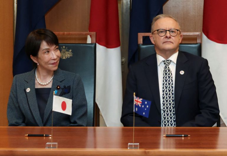 Japanese Prime Minister Sanae Takaichi and Australian Prime Minister Anthony Albanese react before they sign a joint declaration on Economic Security Cooperation, at Parliament House in Canberra, Australia, May 4, 2026. REUTERS/Hollie Adams