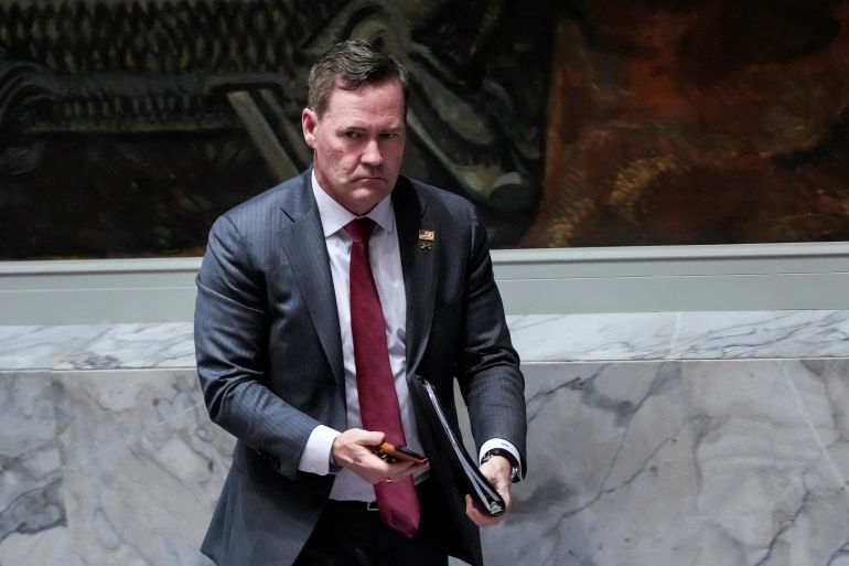 U.S. Ambassador to the United Nations Mike Waltz leaves the chamber during a Security Council meeting on maritime safety at U.N. headquarters in New York City, U.S., April 27, 2026. REUTERS/Eduardo Munoz