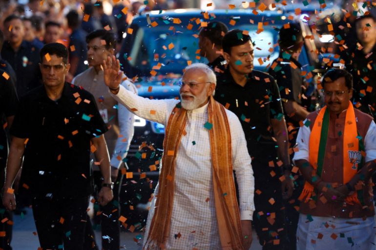 reuters_69f97f65-1777958757 India's Prime Minister Narendra Modi greets his supporters as he arrives at the Bharatiya Janata Party (BJP) headquarters as the BJP won the Assam state assembly election and was on course to win West Bengal, in New Delhi, India, May 4, 2026. REUTERS/Adnan Abidi REFILE- CORRECTING FROM "AS BJP CELEBRATES ITS WIN IN THE WEST BENGAL AND ASSAM STATES' ASSEMBLY ELECTIONS" TO "AS THE BJP WON THE ASSAM STATE ASSEMBLY ELECTION AND WAS ON COURSE TO WIN WEST BENGAL".