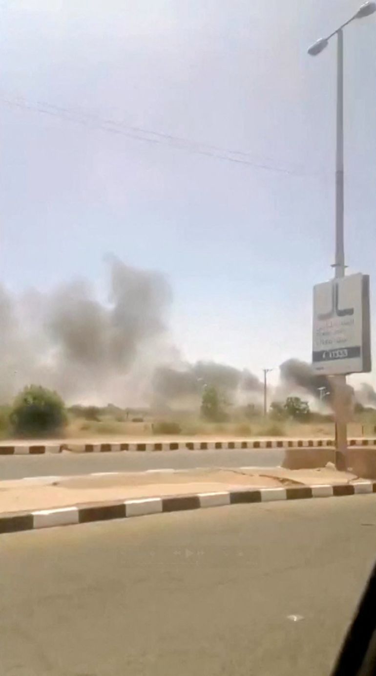 Smoke rises, following a drone attack in Khartoum airport, in Khartoum, Sudan, in this screengrab taken from social media video released on May 4, 2026. SOCIAL MEDIA/REUTERS TV via REUTERS THIS IMAGE HAS BEEN SUPPLIED BY A THIRD PARTY. NO RESALES. NO ARCHIVES. NEWS USE ONLY. Verified by: - Road layout, utility poles, advertising poles, walls, solar panels, and buildings matched satellite imagery - The precise location from which the smoke originated could not be verified, but the videos were filmed in the direction of Khartoum airport - Date not verified; however, no older versions of the videos were found posted online before May 4 - Eyewitnesses told Reuters on Monday, May 4, that a drone strike targeted the country’s main airport - Media reported on May 4 that a drone targeted Khartoum airport