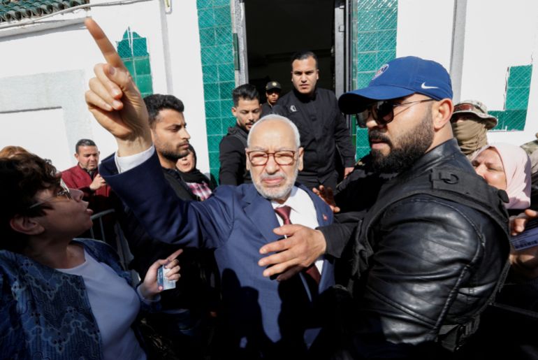 FILE PHOTO: Tunisia's Rached Ghannouchi, head of the moderate Islamist Ennahda and speaker of the parliament, gestures upon arrival for questioning after he was summoned by Tunisian anti-terrorism police in Tunis, Tunisia April 1, 2022. REUTERS/Zoubeir Souissi/File Photo
