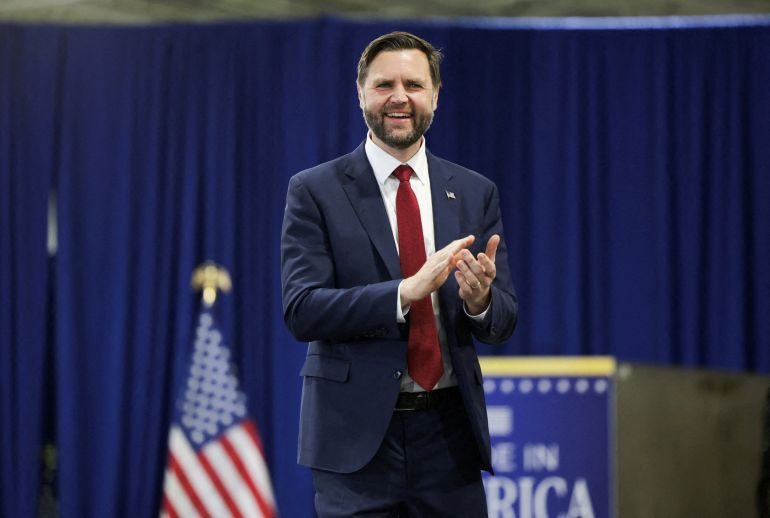 U.S. Vice President JD Vance attends an event with Representative Zach Nunn (R-IA), at Ex-Guard Industries, a manufacturing facility in Des Moines, Iowa, May 5, 2026. REUTERS/Jim Vondruska REFILE - FIXING HEADLINE