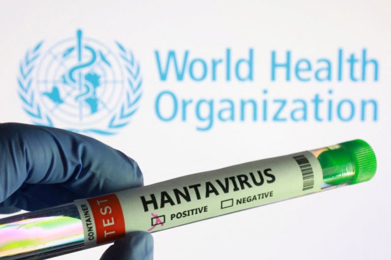 A test tube labelled "Hantavirus positive" label and World Health Organization logo are seen in this illustration taken May 7, 2026. REUTERS/Dado Ruvic/Illustration