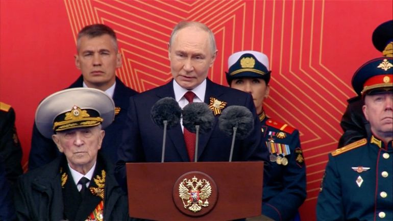 Russian President Vladimir Putin delivers a speech during a military parade on Victory Day, marking the 81st anniversary of the victory over Nazi Germany in World War Two, in Red Square in central Moscow, Russia, May 9, 2026, in this still image taken from video. Kremlin.ru/Handout via REUTERS ATTENTION EDITORS - THIS IMAGE WAS PROVIDED BY A THIRD PARTY. MANDATORY CREDIT.