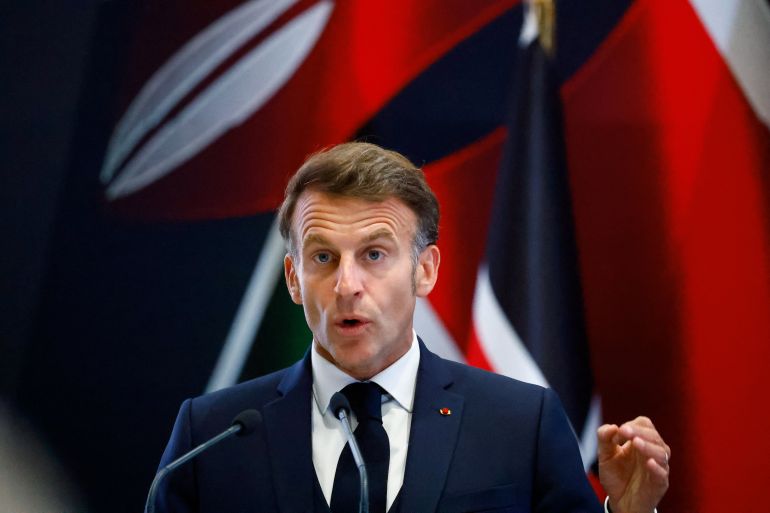 French President Emmanuel Macron speaks during a joint press conference with Kenya's President William Ruto (not pictured) after talks focusing on strengthening bilateral ties and aligning priorities on trade, investment and regional cooperation, ahead of the Africa Forward Summit 2026, at the State House in Nairobi, Kenya May 10, 2026. REUTERS/Thomas Mukoya