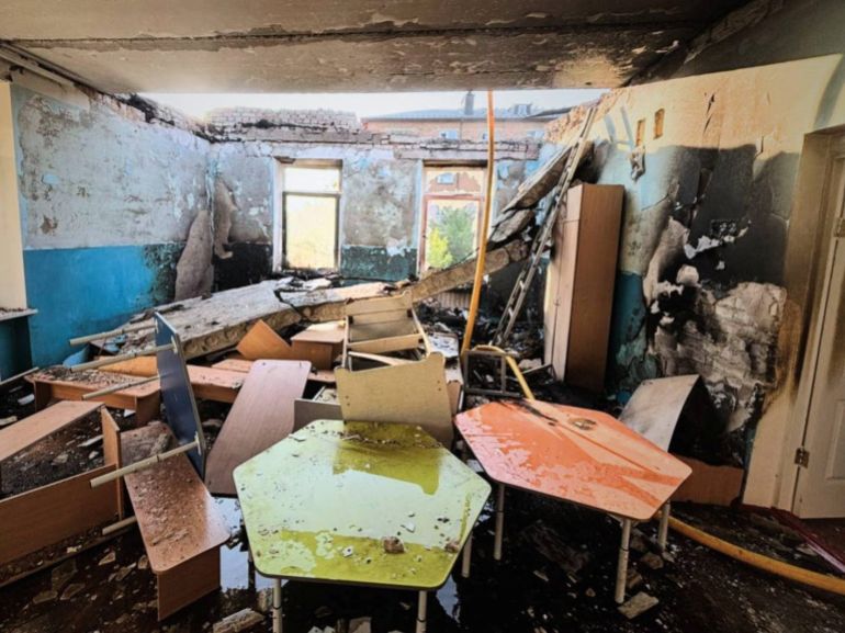 A kindergarten damaged during a Russian drone strike, amid Russia's attack on Ukraine, in Kyiv region, Ukraine May 12, 2026. Press service of the State Emergency Service of Ukraine in Kyiv region/Handout via REUTERS ATTENTION EDITORS - THIS IMAGE HAS BEEN SUPPLIED BY A THIRD PARTY. WATERMARK FROM SOURCE. MANDATORY CREDIT. BEST QUALITY AVAILABLE.