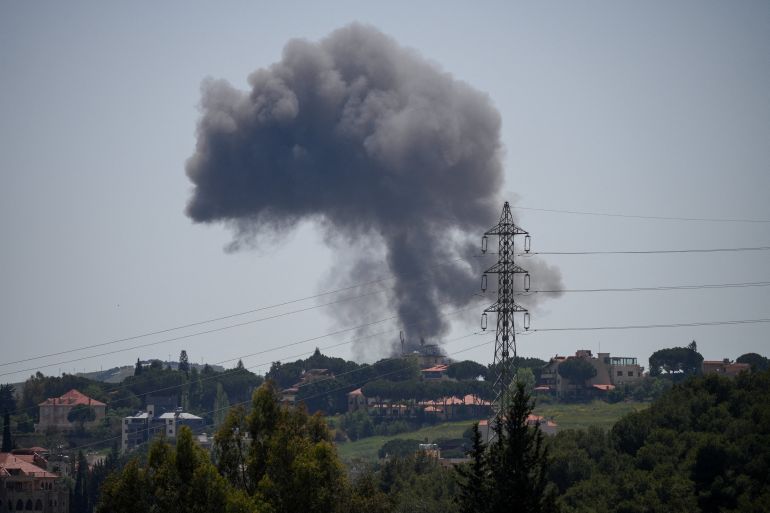 reuters_6a031cc2-1778588866 Smoke rises following an Israeli strike in Kfar Tebnit, Lebanon, May 11, 2026. REUTERS/Stringer