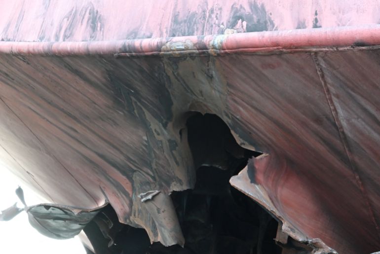 reuters_6a056eed-1778740973 The damaged stern of a bulk carrier operated by South Korean shipper HMM, after it was struck by two unidentified objects on May 4 while stranded in the Strait of Hormuz, in this handout picture released on May 10, 2026. South Korean Foreign Ministry/Handout via REUTERS ATTENTION EDITORS - THIS IMAGE HAS BEEN SUPPLIED BY A THIRD PARTY.