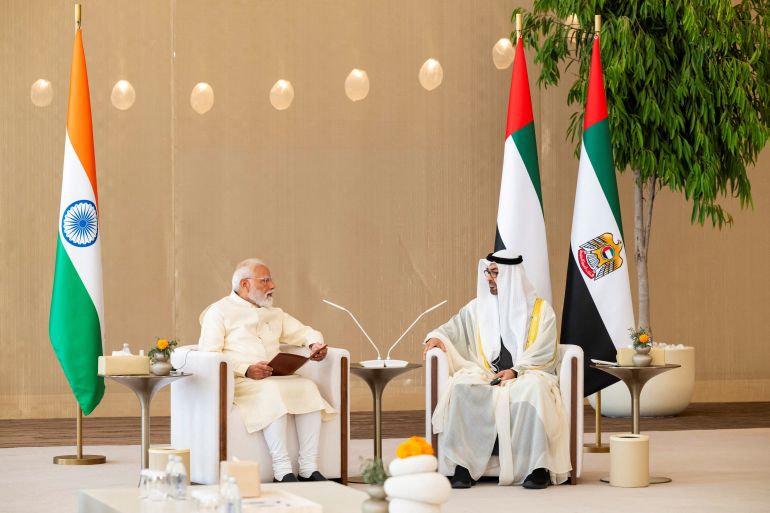 President of the United Arab Emirates, Mohamed bin Zayed Al Nahyan, meets Indian Prime Minister Narendra Modi during an official visit reception, in Abu Dhabi, United Arab Emirates, May 15, 2026. Mohamed Al Hammadi / UAE Presidential Court /Handout via REUTERS THIS IMAGE HAS BEEN SUPPLIED BY A THIRD PARTY