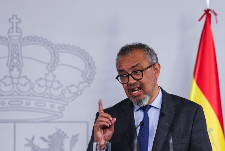 World Health Organization (WHO) Director-General Tedros Adhanom Ghebreyesus speaks during a joint press conference with Spain's Prime Minister Pedro Sanchez (not pictured) at Moncloa Palace, in Madrid, Spain, May 12, 2026. REUTERS/Violeta Santos Moura
