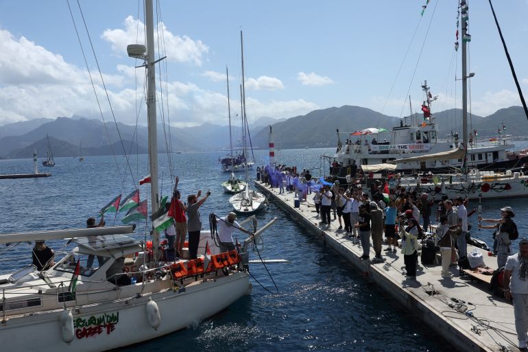 A boat taking part in the Global Sumud Flotilla, which aims to reach Gaza and break Israel’s naval blockade, departs from a port in the southern Turkish resort of Marmaris, Turkey, May 14, 2026. REUTERS/Dilara Senkaya
