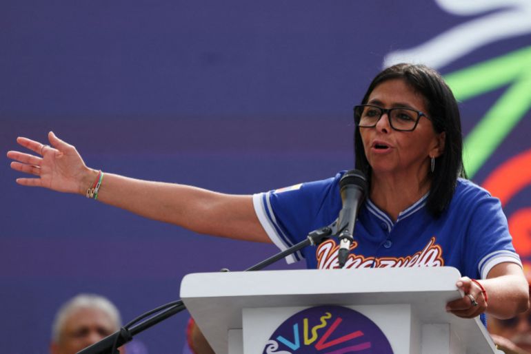 FILE PHOTO: Venezuela’s acting President Delcy Rodriguez addresses supporters during an event announcing an increase in the minimum income, in Caracas, Venezuela April 30, 2026. REUTERS/Leonardo Fernandez Viloria/File Photo