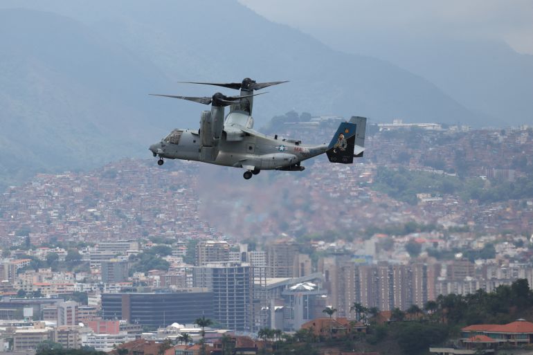 A U.S. Marine Corps MV-22B Osprey aircraft approaches the U.S. embassy during a military exercise, in Caracas, Venezuela, May 23, 2026. REUTERS/Leonardo Fernandez Viloria