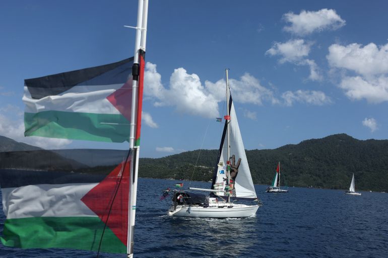 reuters_6a157a06-1779792390 A boat taking part in the Global Sumud Flotilla, which aims to reach Gaza and break Israel’s naval blockade, sets sail from a port in the southern Turkish resort of Marmaris, Turkey, May 14, 2026. REUTERS/Dilara Senkaya