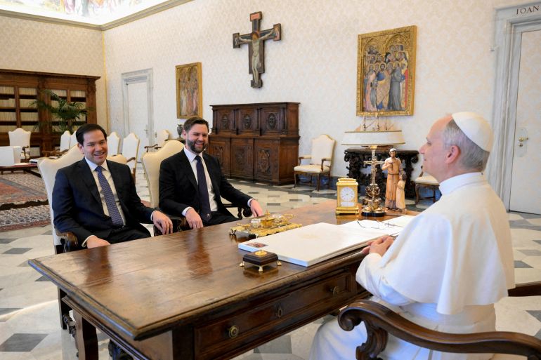 reuters_6a16595d-1779849565 FILE PHOTO: Pope Leo XIV meets U.S Vice President JD Vance and U.S. Secretary of State Marco Rubio at the Vatican, May 19, 2025. Vatican Media/?Simone Risoluti/Handout via REUTERS ATTENTION EDITORS - THIS IMAGE WAS PROVIDED BY A THIRD PARTY./File Photo
