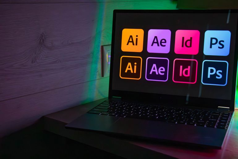 Logos of the American company, software developer "Adobe" on a laptop screen. Russia, Moscow, August 12, 2024