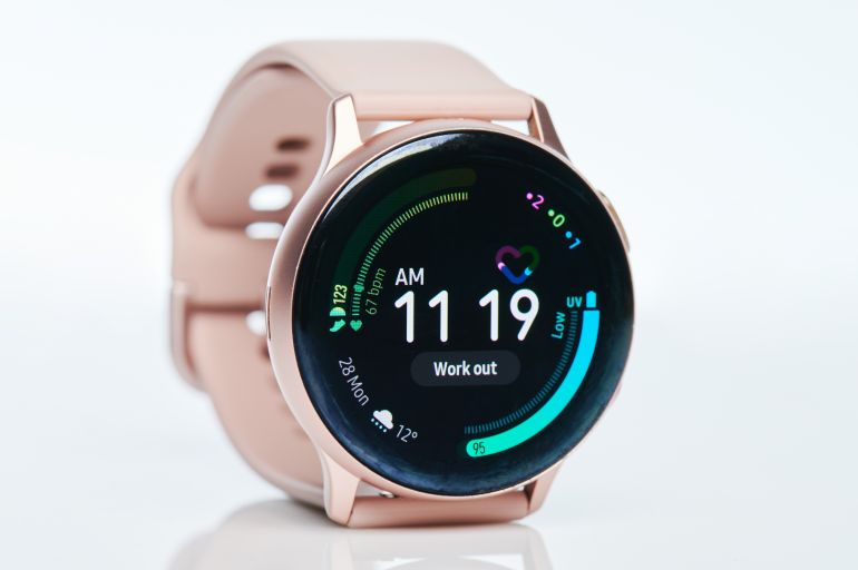 ارشيف New york, USA - September 28, 2020: Menu in Samsung galaxy active watch on screen close up view