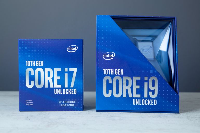 Prague, CZ-14 January 2021: Compare CPU in Box. 10th Generation Intel Comet Lake-S 10 Core i9 10900K CPU and i7 Processor for desktop. Illustrative Editorial