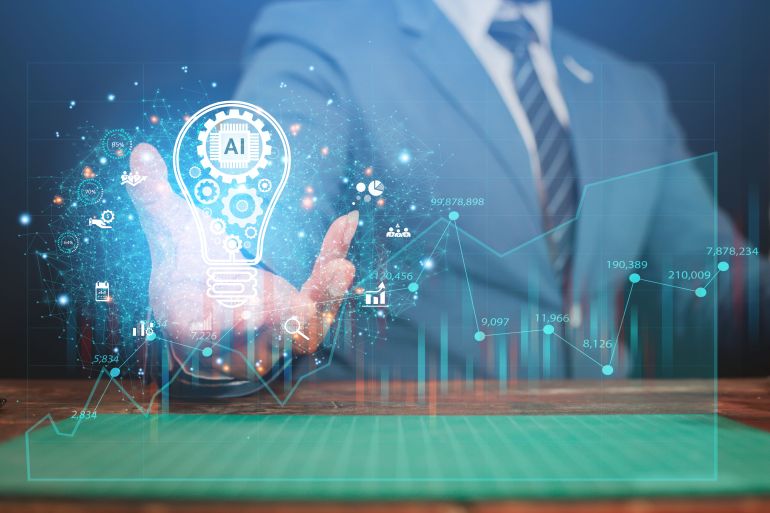 Business people develop business ideas in a new era, using AI as a cog in driving online commerce systems. The concept of a new normal business model