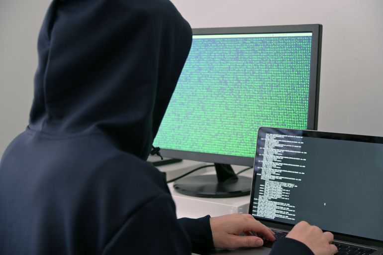Abstract digital anonymous hacker with light blue laptop and AI chip. Technology electronics background. Computer chip and glitch data flow. Tech artificial intelligence bg. Vector illustration