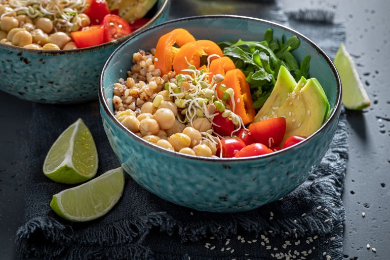 Diet salad as meal with groats and chickpeas. Nutritious bowl on a diet.