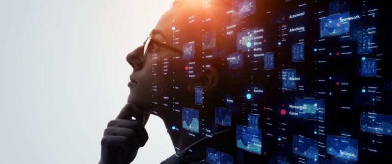 Human and technology concept. Digital transformation. AI (Artificial Intelligence). Wide image for banners, advertisements.